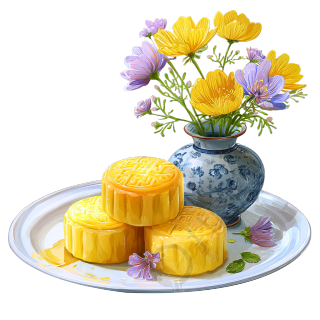 白瓷盘上的月饼插画