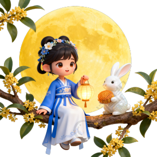 3D风格嫦娥与玉兔插画