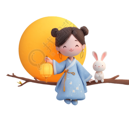 3D风格嫦娥与玉兔素材