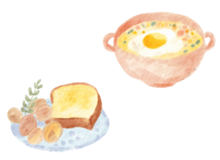 粉色碗里的汤和煎蛋吐司水彩插画