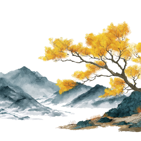 水墨风远山大树霜降插图