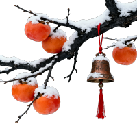 雪景柿子铜铃图素材