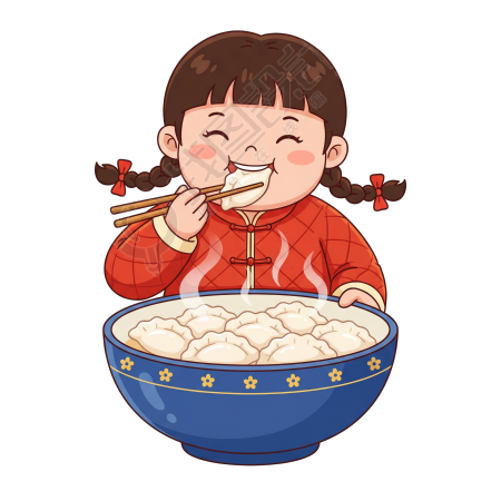 可爱女孩吃饺子PNG插画