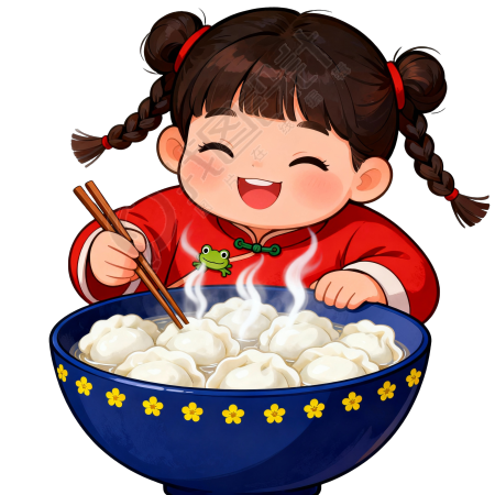 可爱女孩吃饺子PNG插图