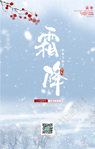 霜降节气雪天枝头风景海报