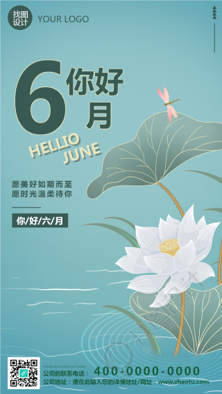 夏日荷花唯美工笔画你好6月手机海报