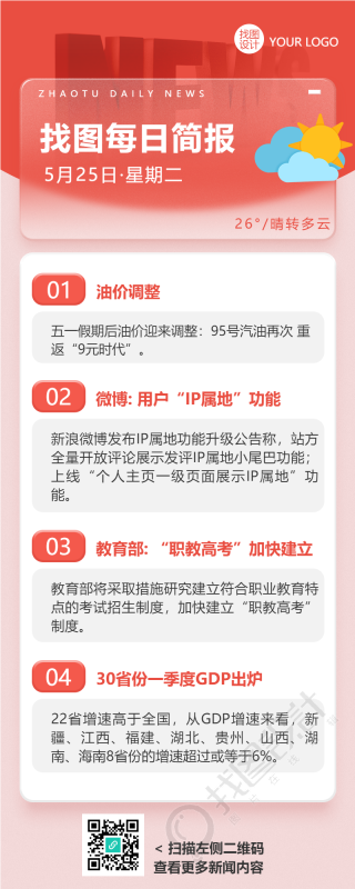 新闻资讯每日简报红色渐变长图