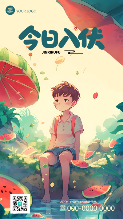 今日入伏卡通小男孩池塘玩耍手机海报