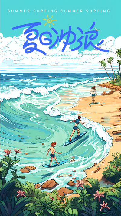 夏日海边青少年冲浪玩耍手机海报