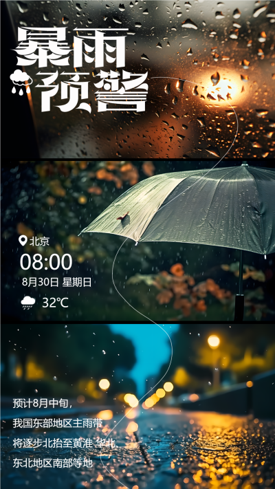 北京特大暴雨预警注意安全手机海报