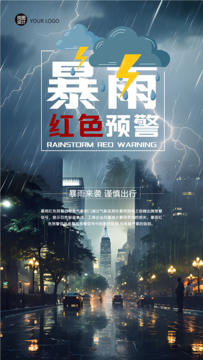 暴雨红色预警城市实景简约手机海报