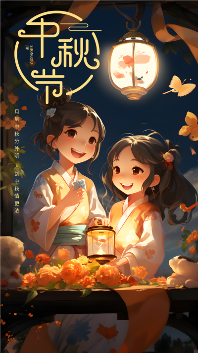 卡通风格中秋节赏月看花灯手机海报