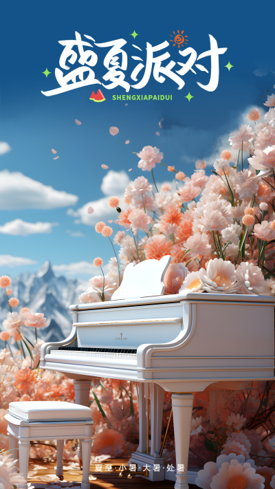 优雅的白色钢琴盛夏派对鲜花美景手机海报
