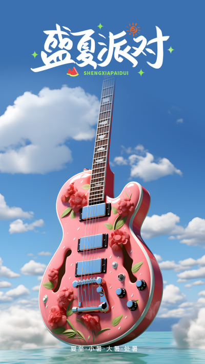 粉色小提琴背景盛夏派对宣传手机海报