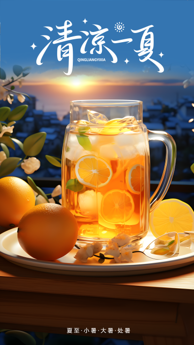 清香橙汁海边日出清凉一夏手机海报