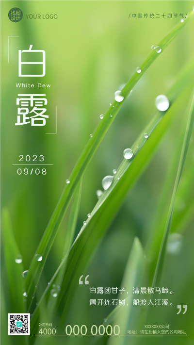 白露节气绿色小草上的水珠实景手机海报