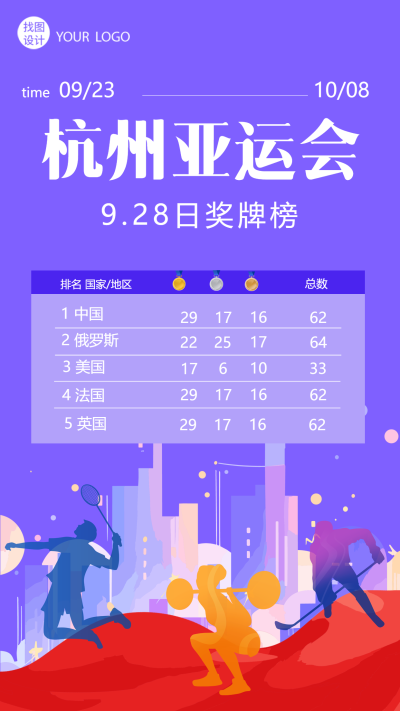 运动员剪影杭州亚运会奖牌榜展示手机海报