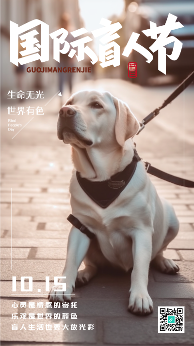 乖巧的导盲犬实景盲人节创意宣传手机海报