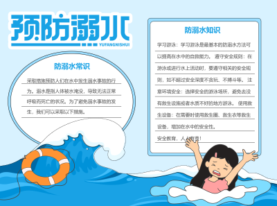 蓝色海浪预防溺水卡通风彩色图文手抄报