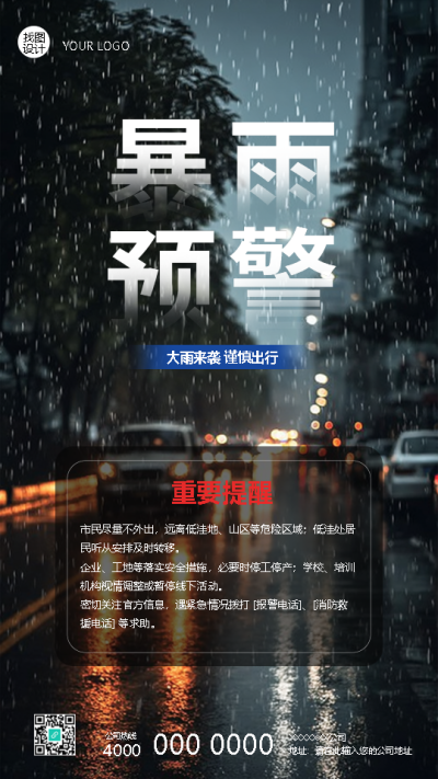  暴雨预警重要提醒创意手机海报